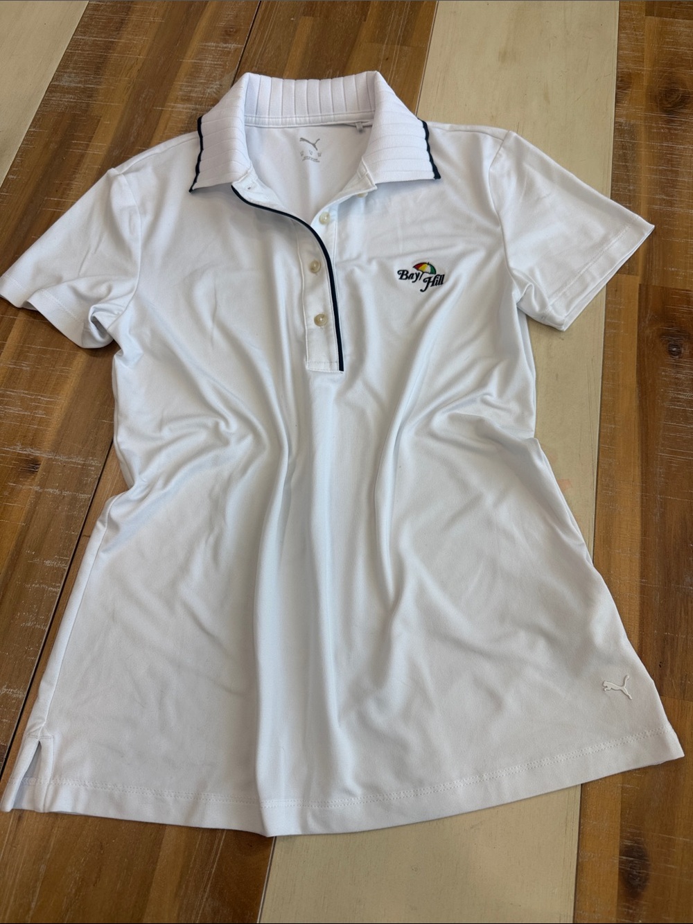 Puma White Short Sleeve Polo with Navy Trim and Bay Hill Embroidery